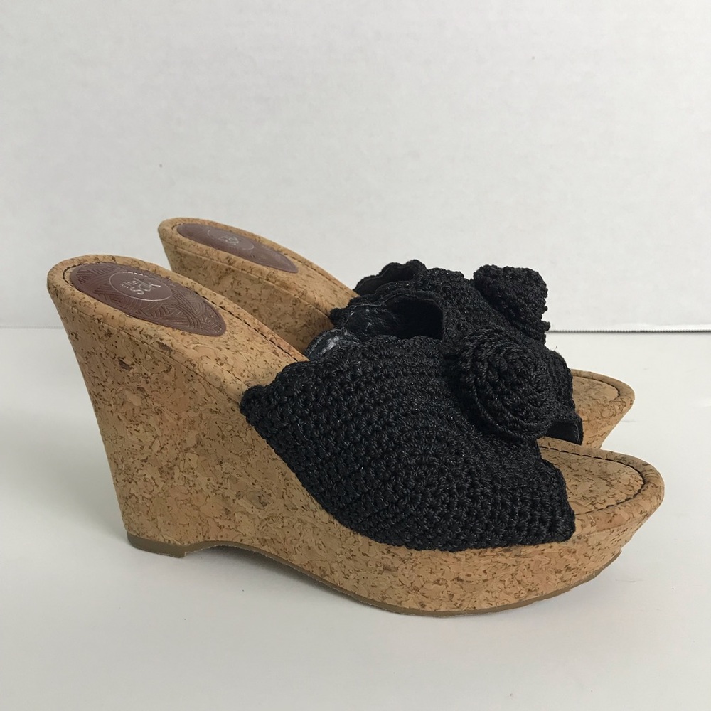 The Sak Black Crotchet 3D Bow Open Toe Cork Wedge Sandals Womens Size 8 Boho